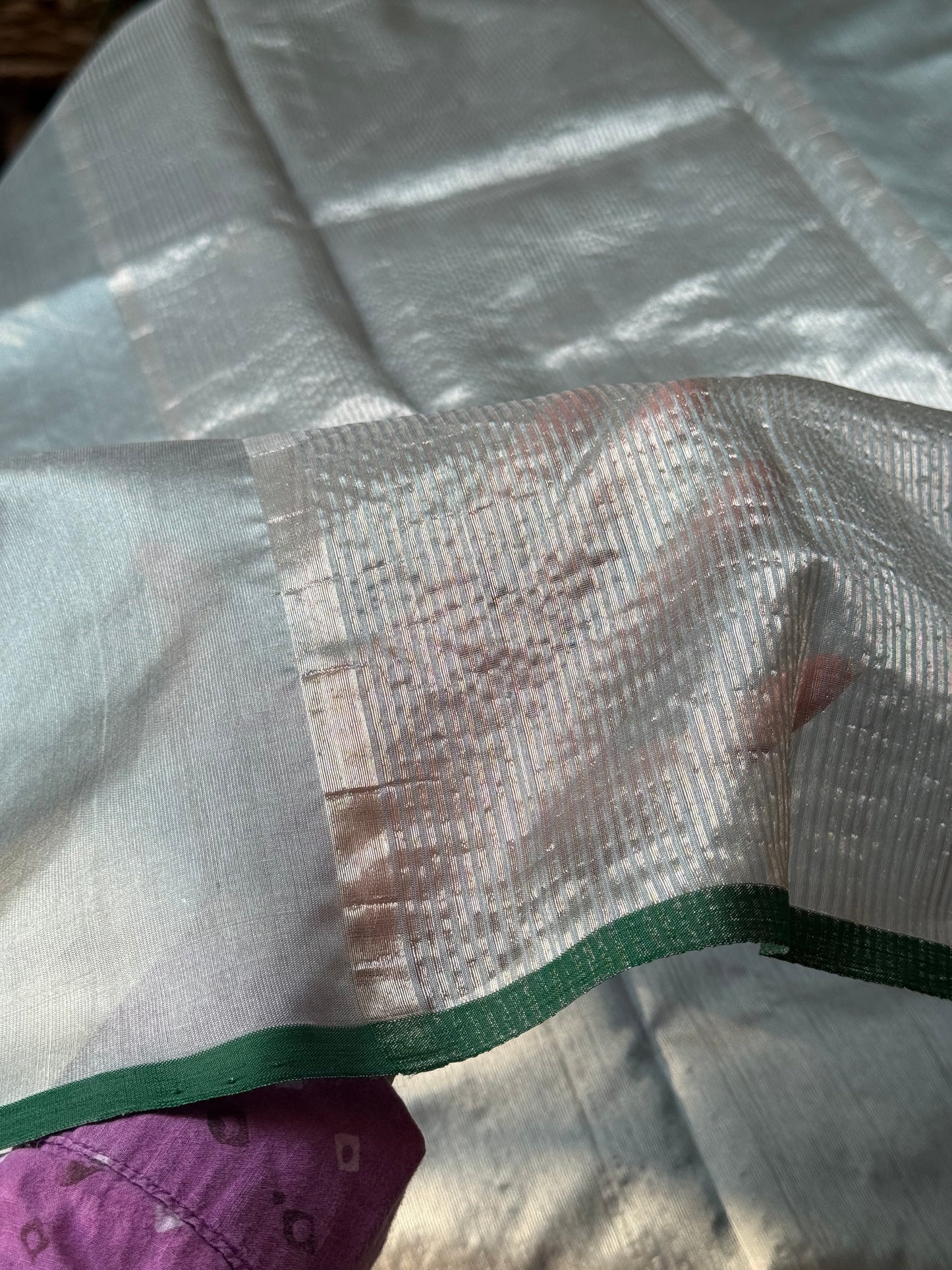 Misty blue Chanderi soft silk saree with elegant emerald green borders