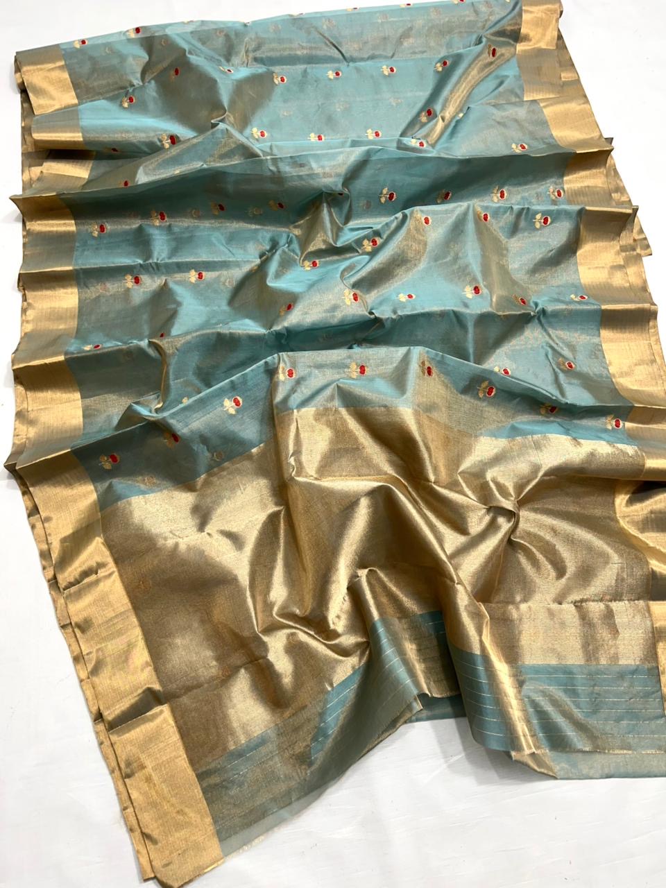 Turquoise Blue Pure Chanderi Tissues Silk Saree