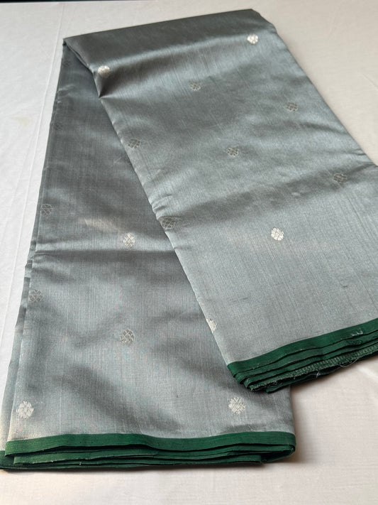 Misty blue Chanderi soft silk saree with elegant emerald green borders
