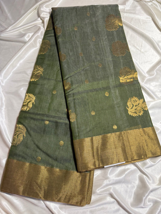 Olive Green Pure Chanderi Cotton Silk Saree