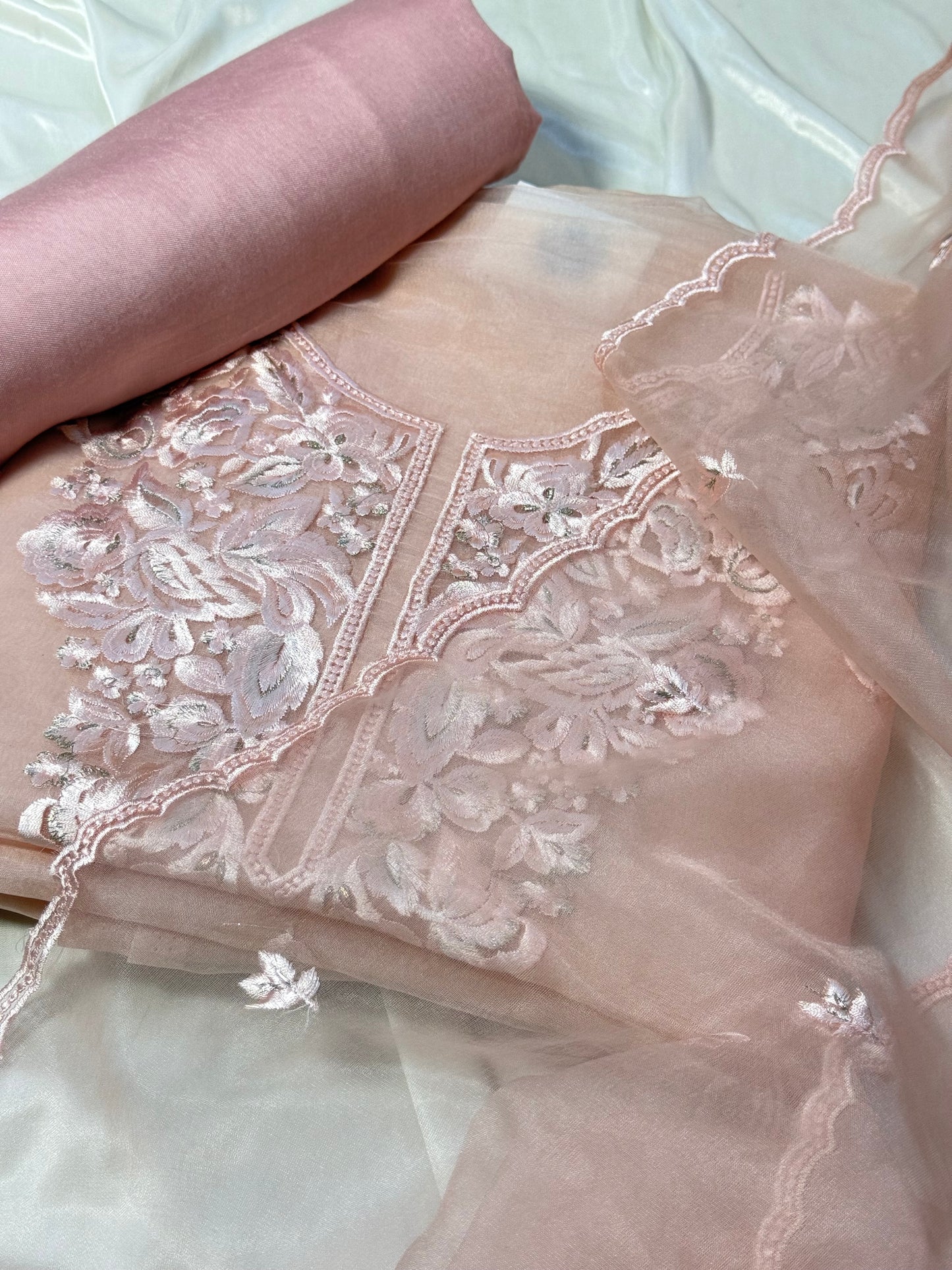 Blush Pink Organza Suit with beautiful handwork, perfect for any special occasion.