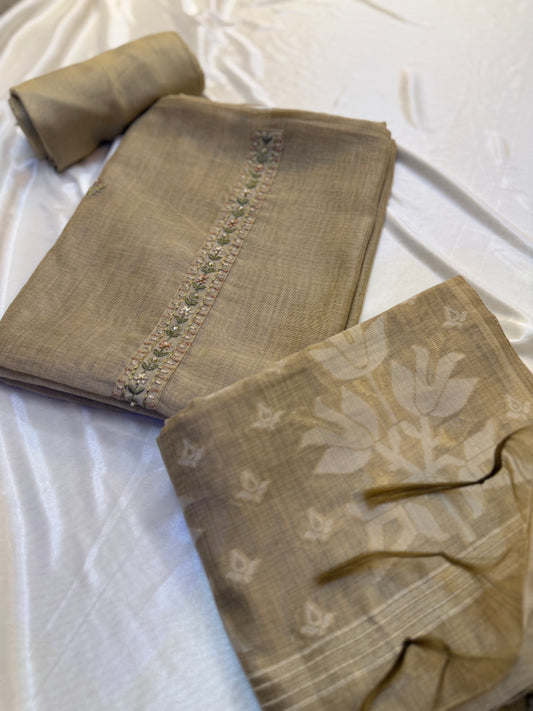 Beige Chanderi Suit with beautiful cutdana handwork paired with Jamdani Dupatta