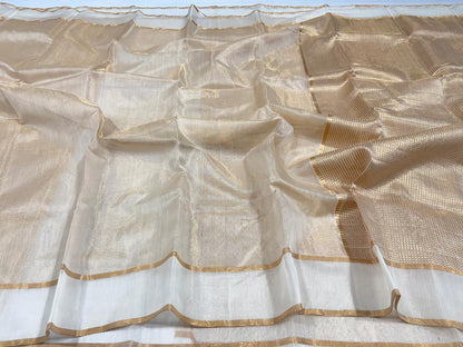 Cream White Pure Chanderi Tissue Silk Saree