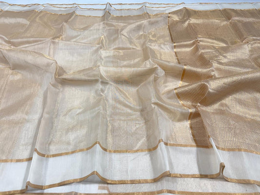 Cream White Pure Chanderi Tissue Silk Saree
