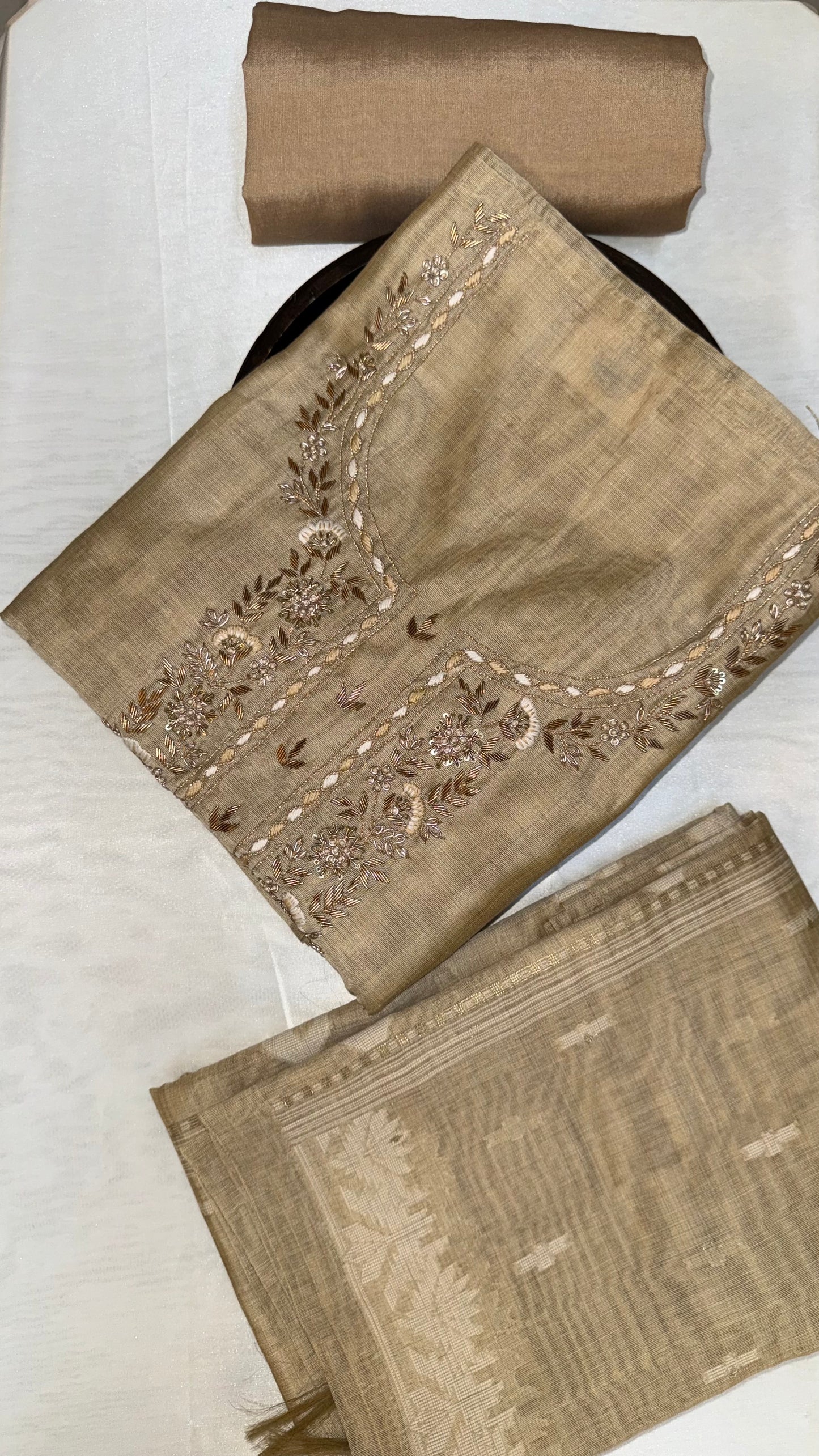 Beige Chanderi silk unstitched suit