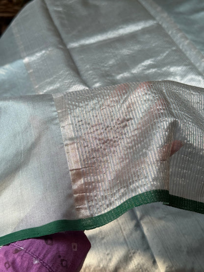 Misty blue Chanderi soft silk saree with elegant emerald green borders