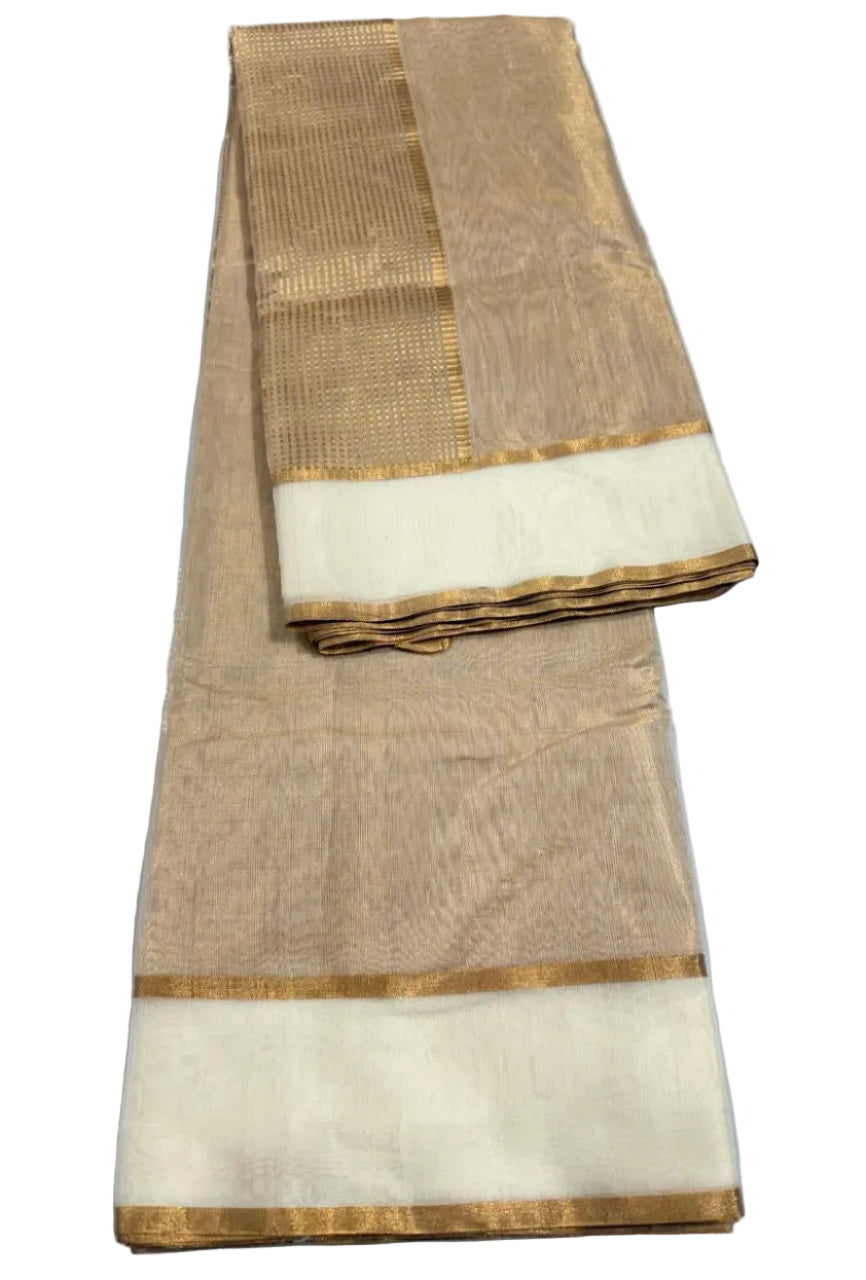Cream White Pure Chanderi Tissue Silk Saree