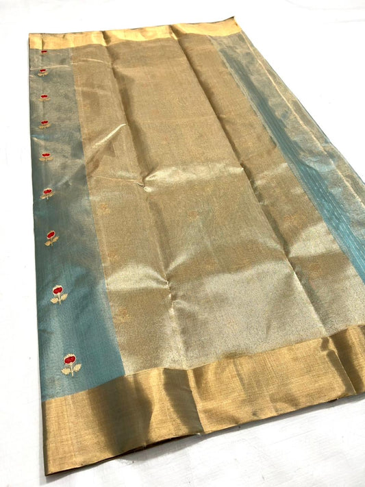 Turquoise Blue Pure Chanderi Tissues Silk Saree