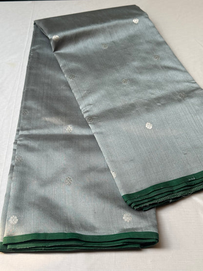 Misty blue Chanderi soft silk saree with elegant emerald green borders