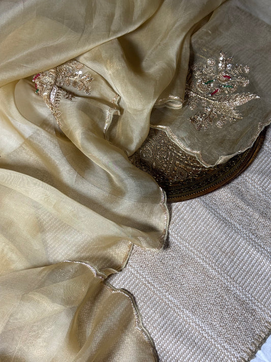 Antique Gold Organza Saree with beautiful handwork all over, a royal look for every wardrobe. ✨