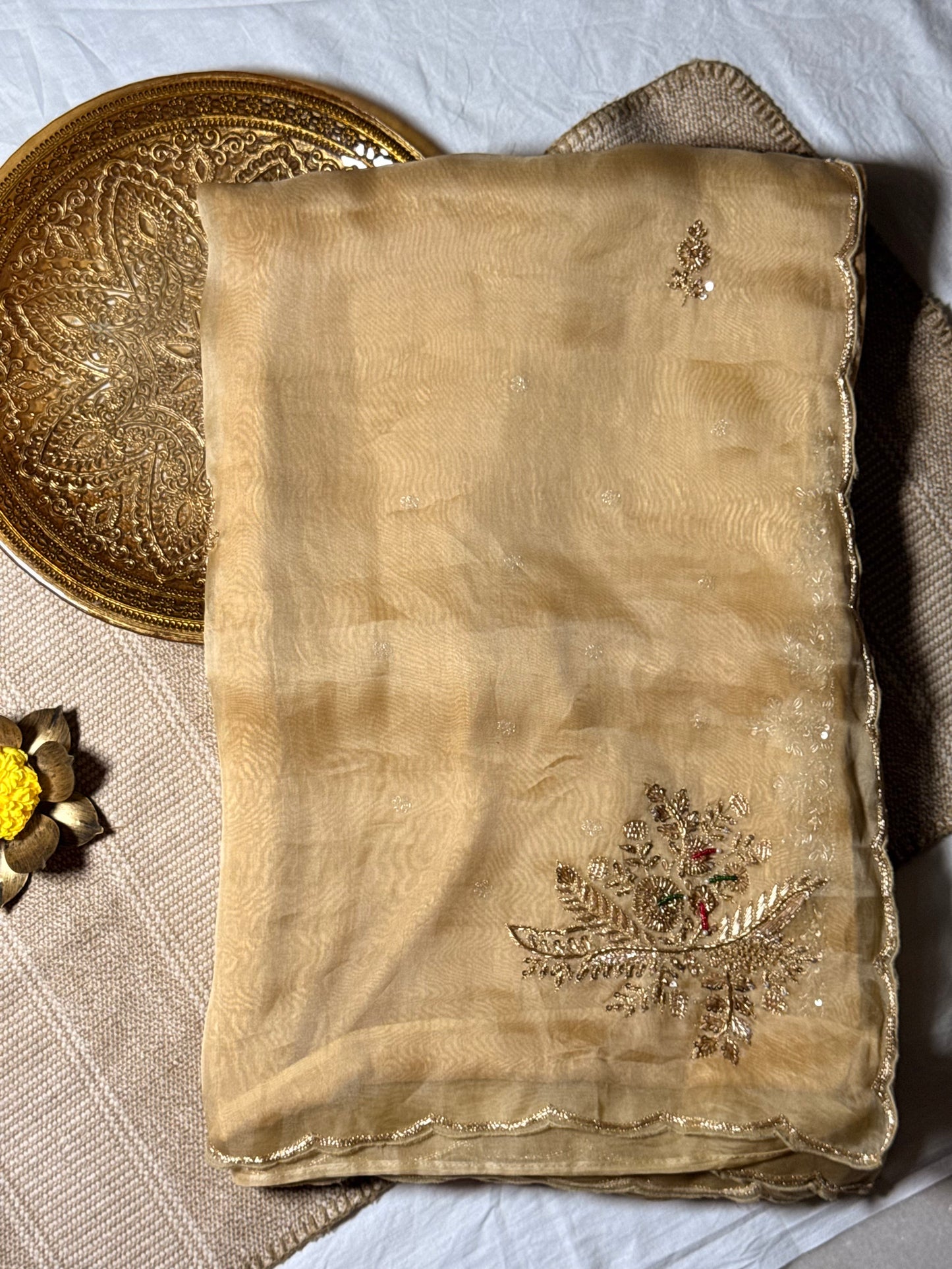 Antique Gold Organza Saree with beautiful handwork all over, a royal look for every wardrobe. ✨