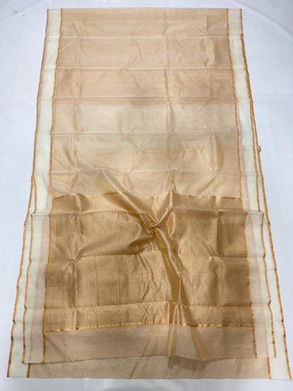 Cream White Pure Chanderi Tissue Silk Saree