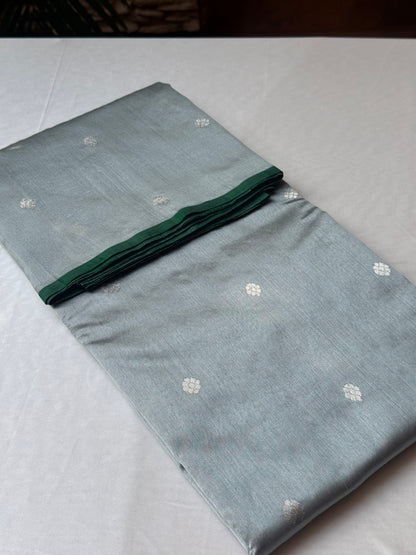 Misty blue Chanderi soft silk saree with elegant emerald green borders
