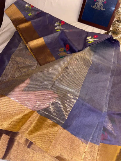 Blue Pure Chanderi Organza Silk Saree with blouse