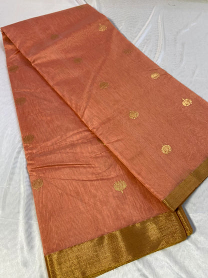 Peach Pure Chanderi Soft Cotton Silk Saree with Golden Zari and Lotus Butti Work