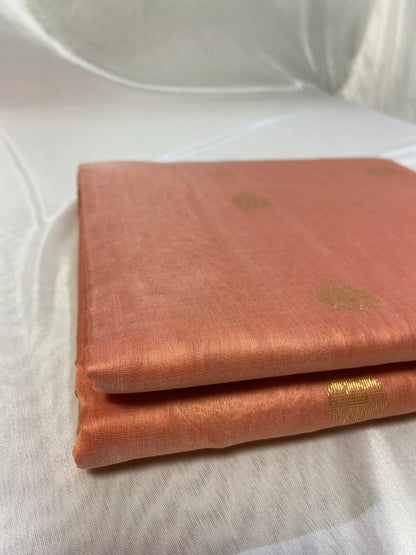 Peach Pure Chanderi Soft Cotton Silk Saree with Golden Zari and Lotus Butti Work