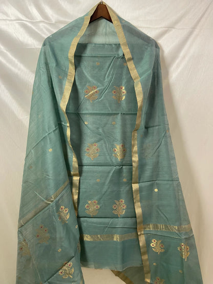 Sea Blue Pure Chanderi Masrai Silk Unstitched Suit with Golden Zari Work