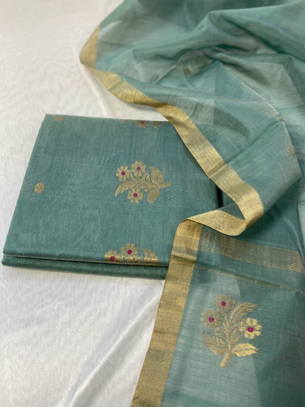 Sea Blue Pure Chanderi Masrai Silk Unstitched Suit with Golden Zari Work