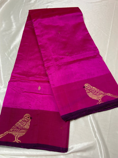 Stunning Pink Chanderi Pattu Mulberry Silk Saree with Bird Butti Border