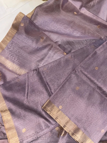 Lavender Pure Chanderi Masrai Silk Unstitched Suit with Golden Zari Work