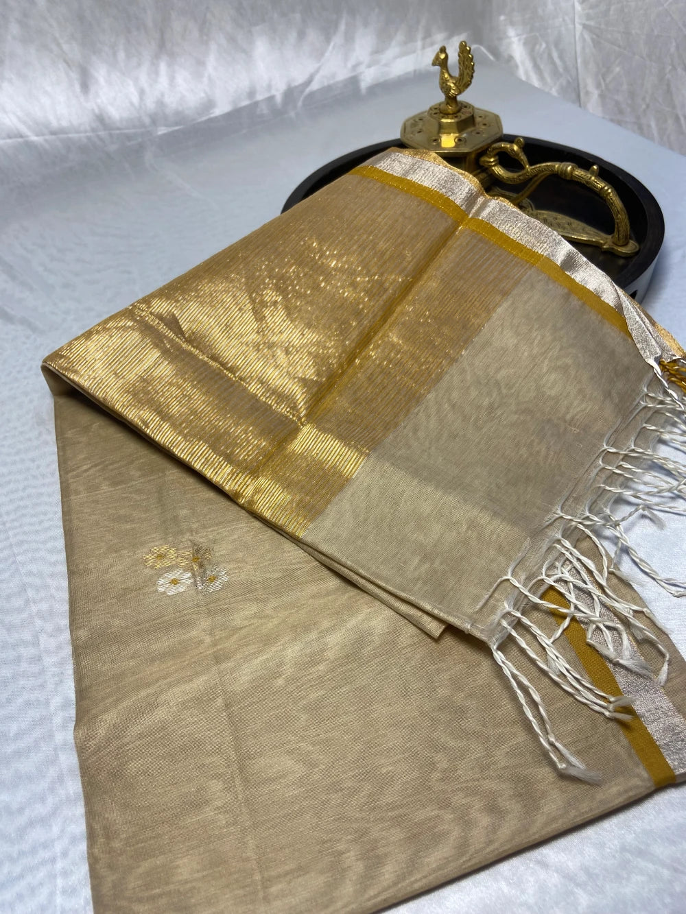Golden Beige Pure Chanderi Silk Dupatta with Gold & Silver Zari Butti Work