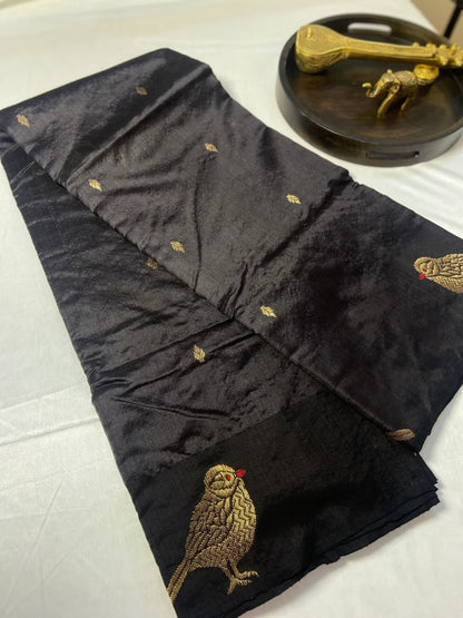 Elegant Black Chanderi Pattu Mulberry Silk Saree with Bird Butti Border