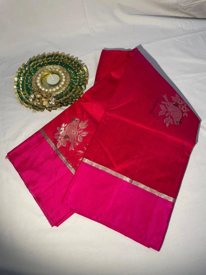 Red with Pink border pure chanderi cotton silk saree with blouse