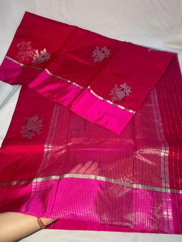 Red with Pink border pure chanderi cotton silk saree with blouse