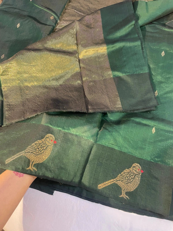 Bottle Green Pure Chanderi Pattu Mulberry Silk saree with blouse