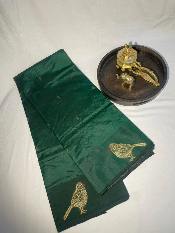 Bottle Green Pure Chanderi Pattu Mulberry Silk saree with blouse