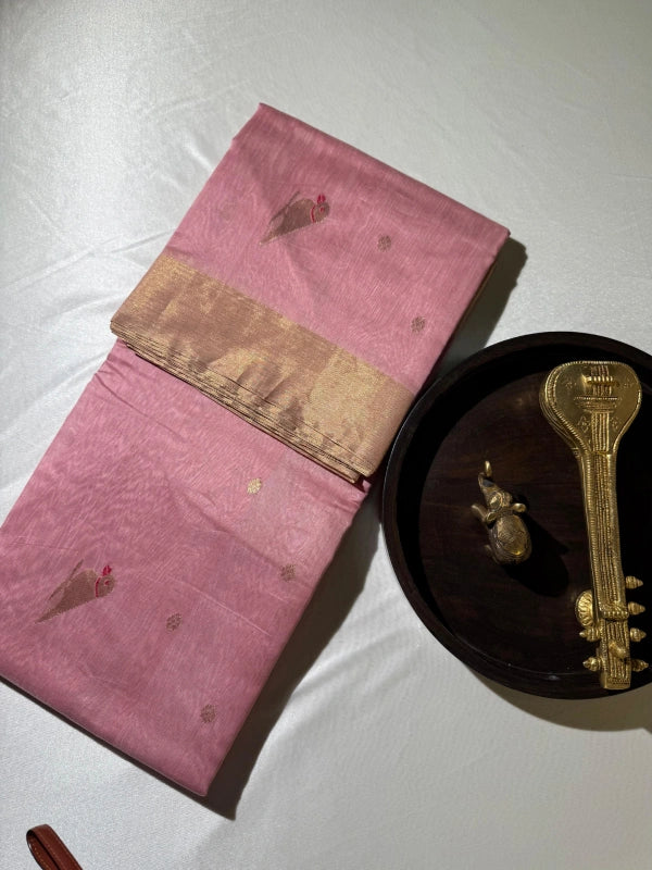 Pink Pure Chanderi soft cotton silk saree with blouse