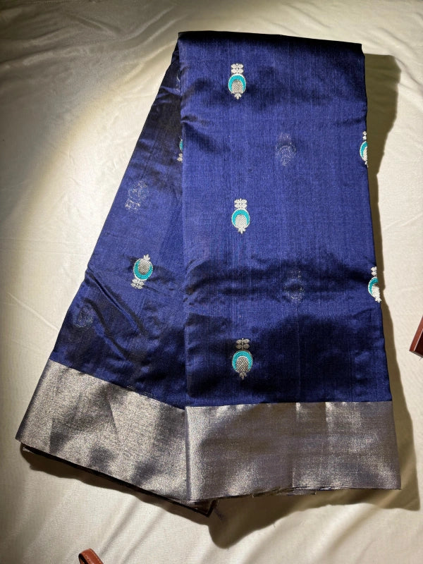 Royal blue Pure Chanderi Mulberry silk saree with silver zari work