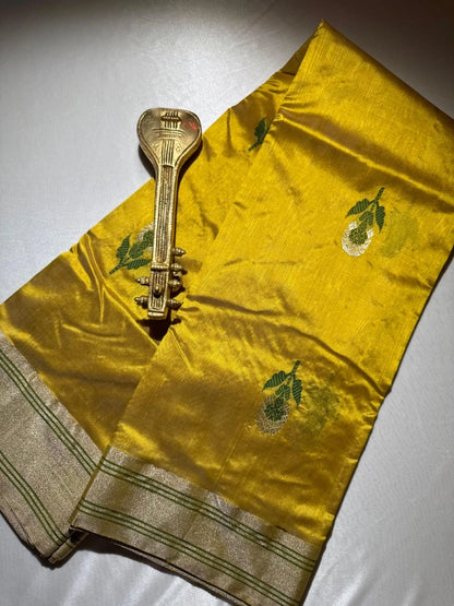 Yellow pure chanderi tissue silk saree with blouse