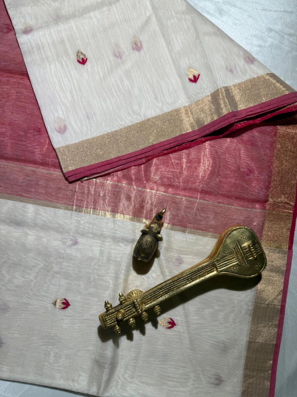 White pure chanderi soft cotton silk saree with pink embroidery and gold zari butti work