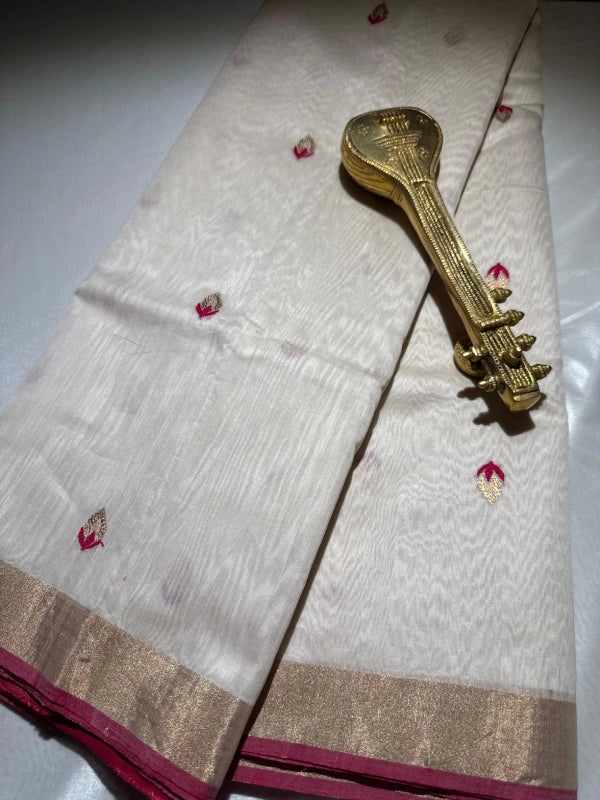 White pure chanderi soft cotton silk saree with pink embroidery and gold zari butti work