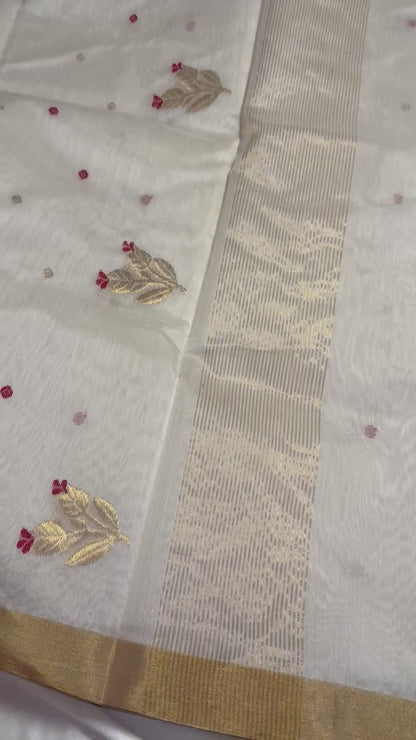 Milk White Pure Chanderi Masrai Silk Saree