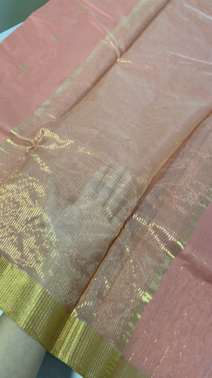 Peach Pure Chanderi Soft Cotton Silk Saree with Golden Zari and Lotus Butti Work