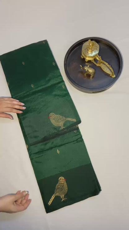 Bottle Green Pure Chanderi Pattu Mulberry Silk saree with blouse
