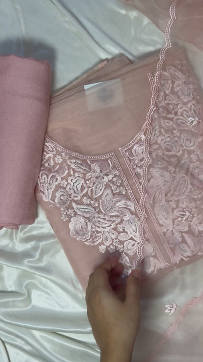 Blush Pink Organza Suit with beautiful handwork, perfect for any special occasion.
