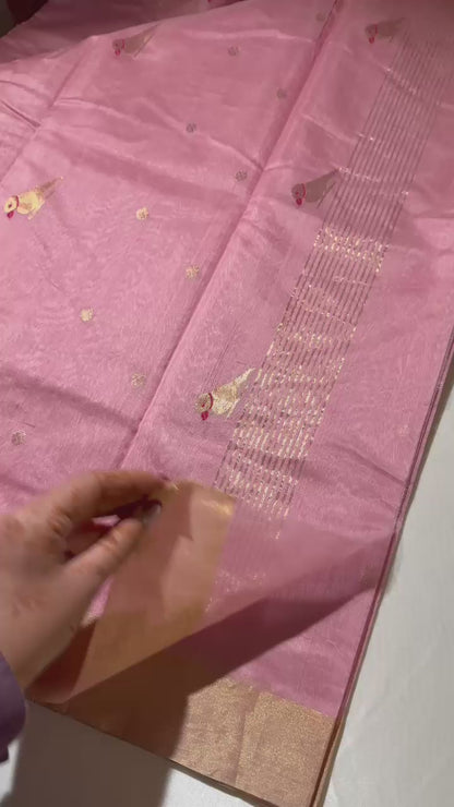 Pink Pure Chanderi soft cotton silk saree with blouse