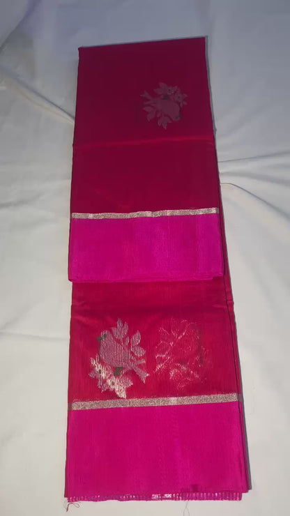 Red with Pink border pure chanderi cotton silk saree with blouse