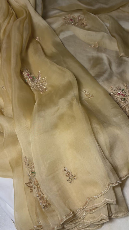 Antique Gold Organza Saree with beautiful handwork all over, a royal look for every wardrobe. ✨