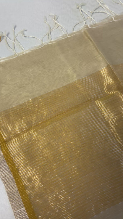 Golden Beige Pure Chanderi Silk Dupatta with Gold & Silver Zari Butti Work