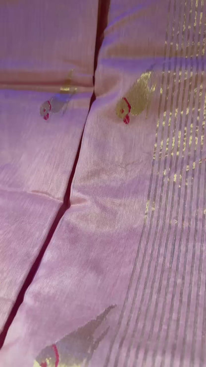 Pink Pure Chanderi soft cotton silk saree with blouse