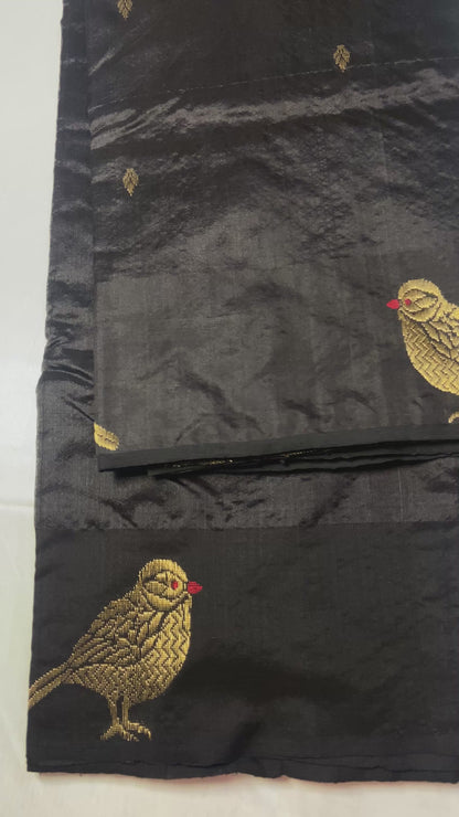Elegant Black Chanderi Pattu Mulberry Silk Saree with Bird Butti Border