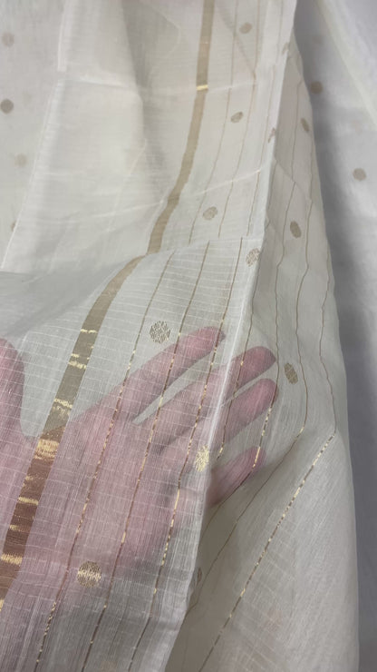 Cream White Pure Chanderi Soft Cotton Silk Dupatta with Golden Zari Work