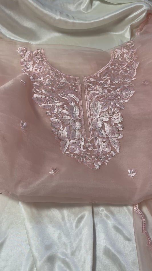 Blush Pink Organza Suit with beautiful handwork, perfect for any special occasion.
