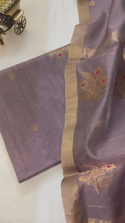 Lavender Pure Chanderi Masrai Silk Unstitched Suit with Golden Zari Work