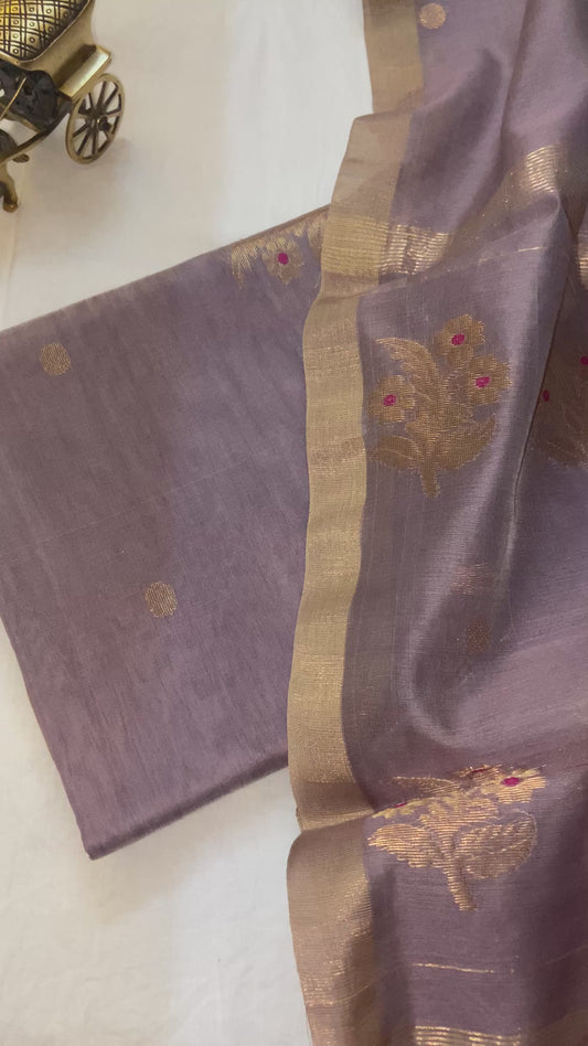 Lavender Pure Chanderi Masrai Silk Unstitched Suit with Golden Zari Work
