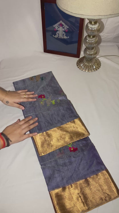 Blue Pure Chanderi Organza Silk Saree with blouse
